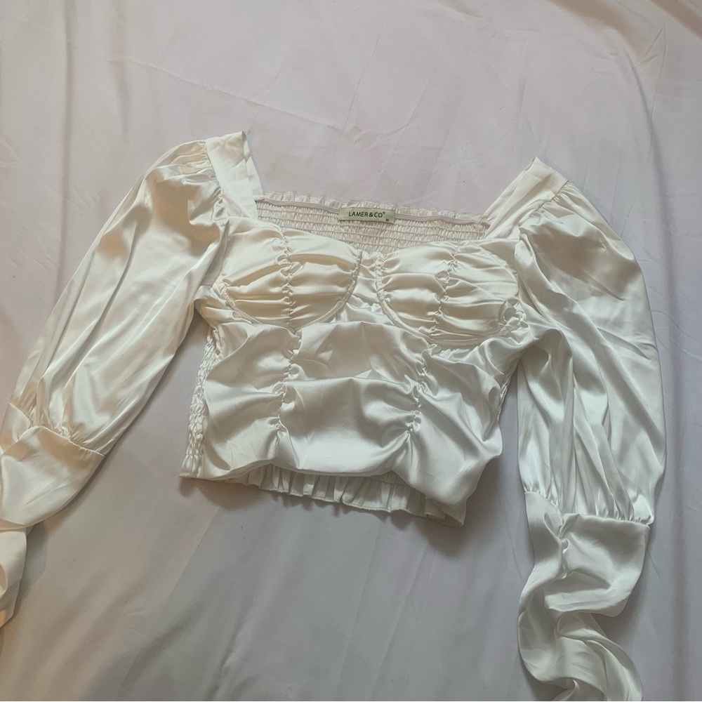 White Puffy sleeve sweetheart square neck long sleeve crop top in satin milkmaid